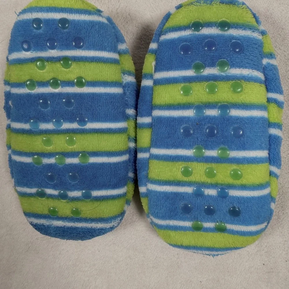 Kids Toy Story Slippers Blue Green Stripe Fuzzy Cozy Boys Girls Size Small‎